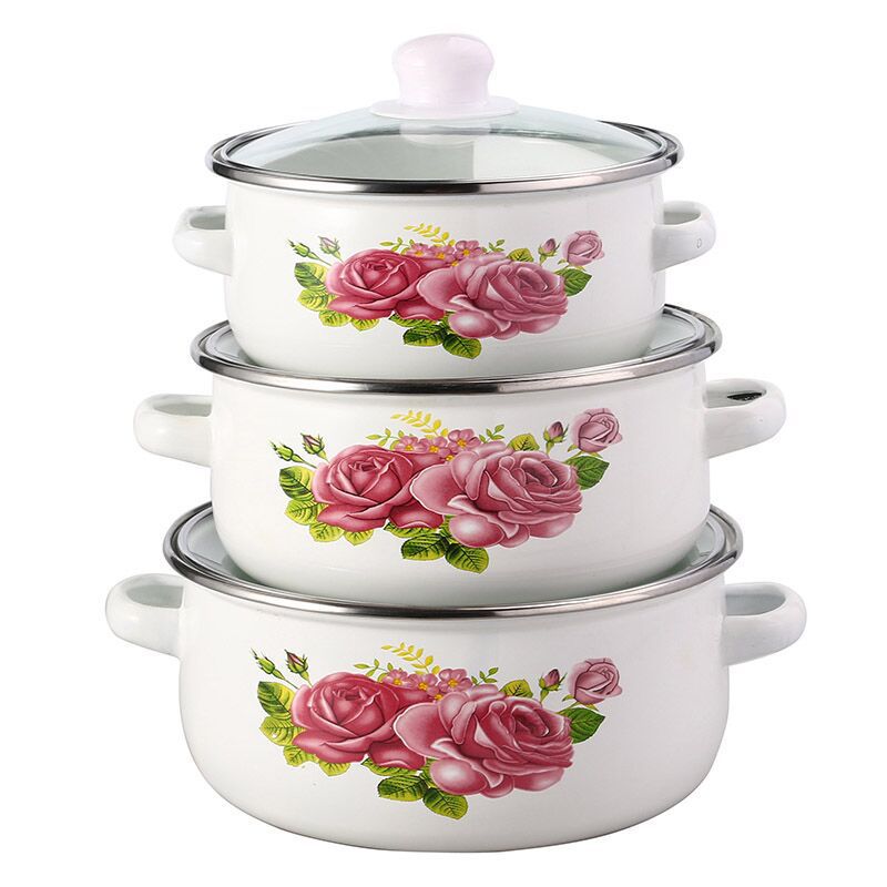 Three-Piece Enamel Porcelain Soup Pot Set