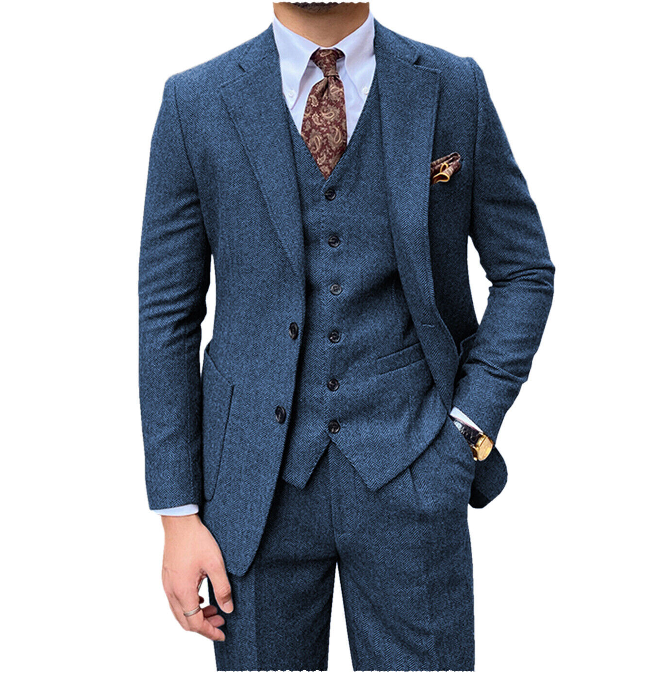 Men's Coarse Wool Herringbone Three-Piece Suit