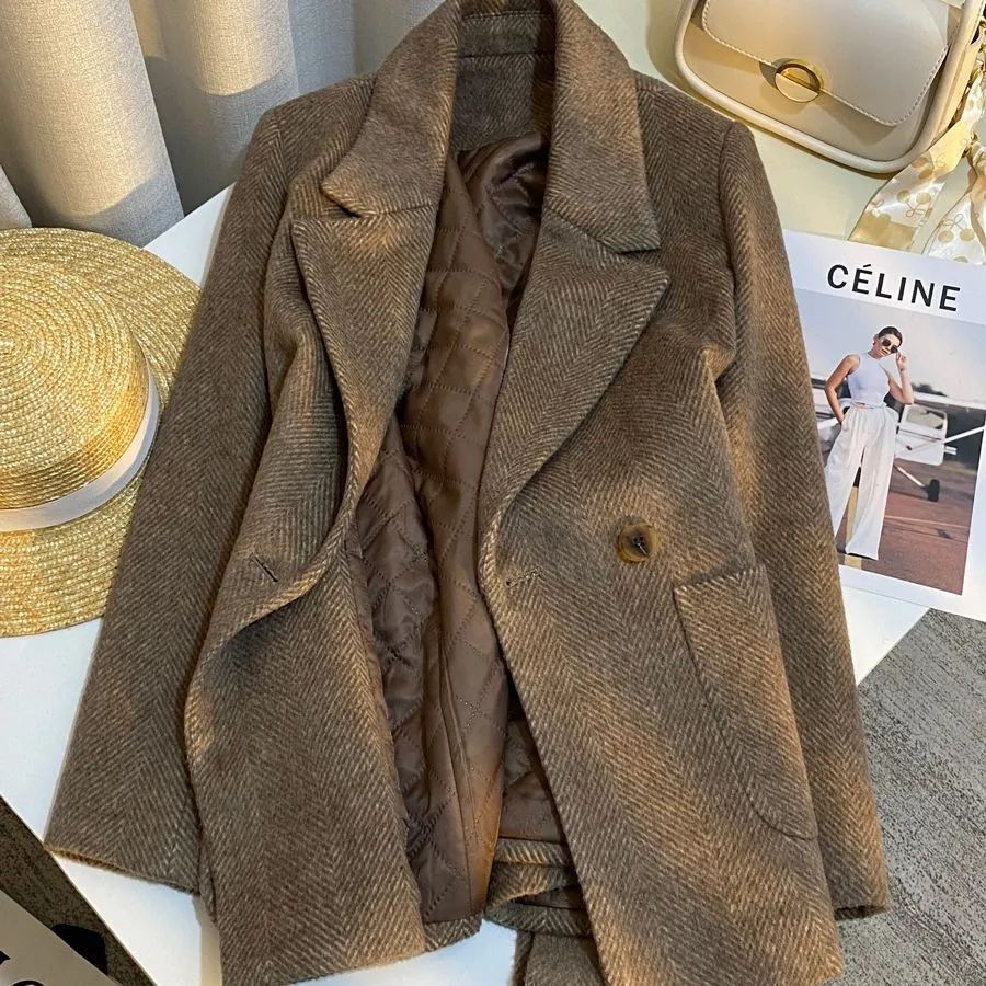 Brown Belted Quilted Wool Blazer