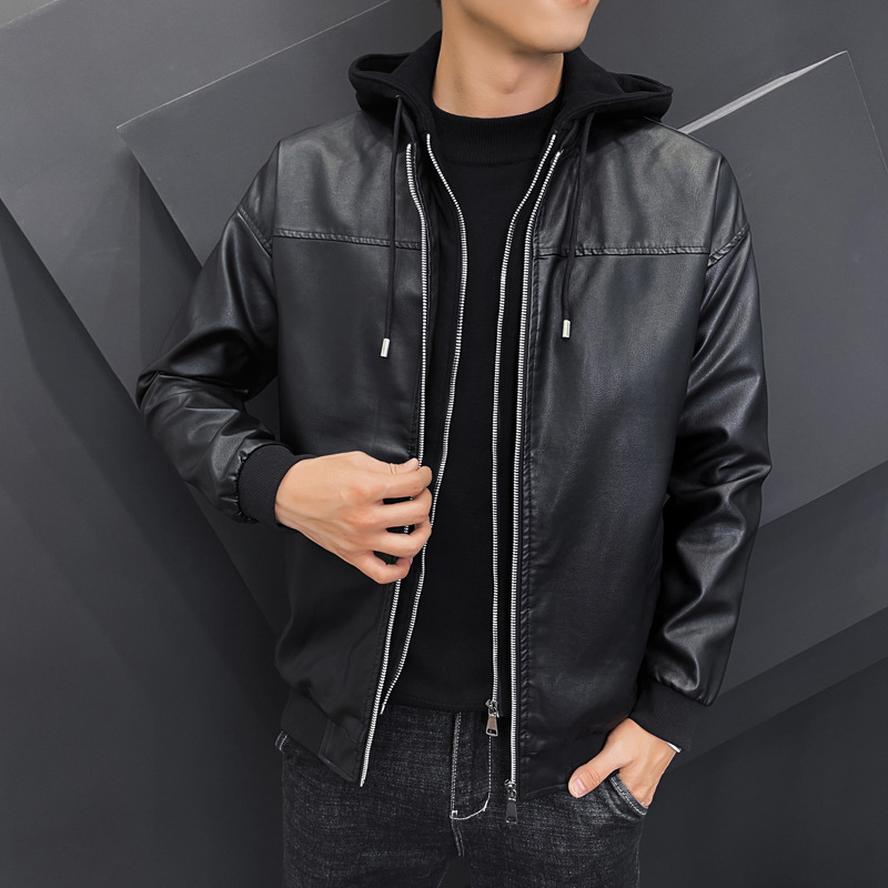 Men's Hooded Faux Leather Jacket